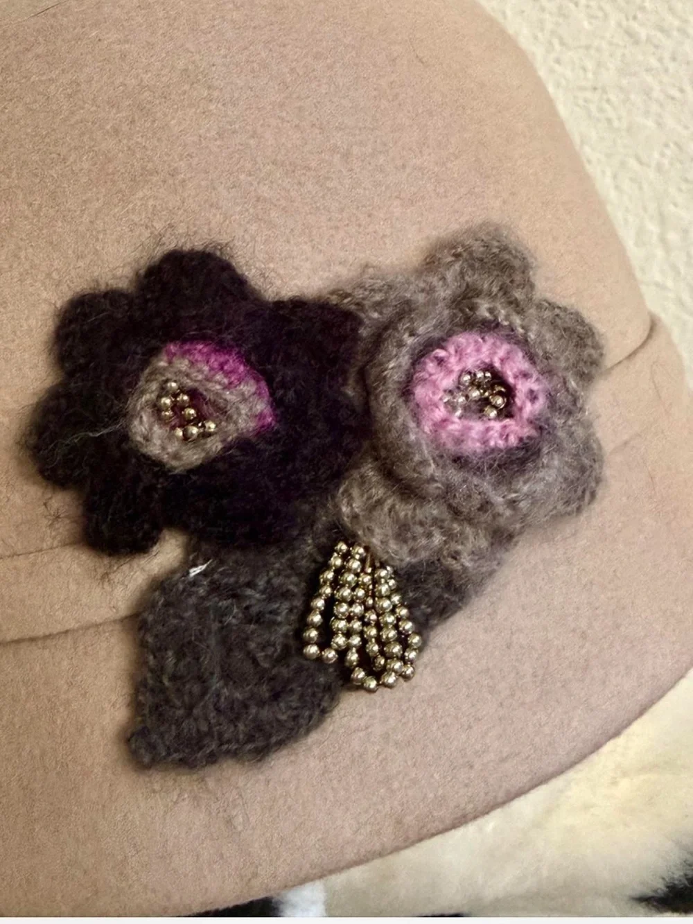 Y2K Nordstrom Felted Wool Taupe Cloche Hat with Crochet Flowers and Bead Accents